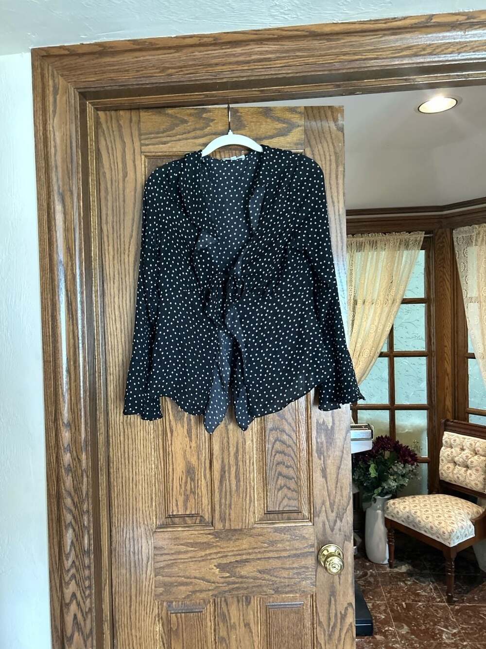 Maison d'Amélie Polka Dot Ruffle Tie-Front Blouse Size S
